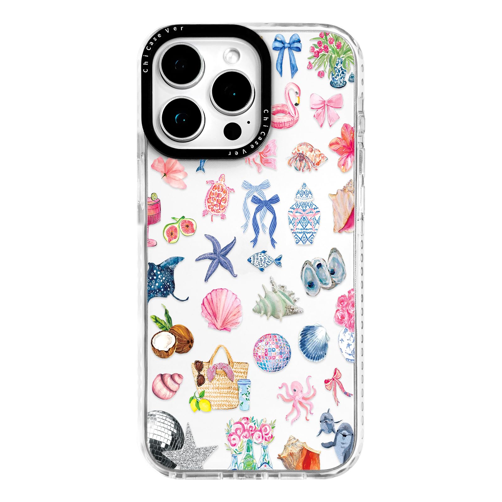 ChiCaseVer for iPhone 16 Pro Max Case, Tropical Beach Collage Pattern with Flamingos, Military-Grade Drop Protection, Colorful S