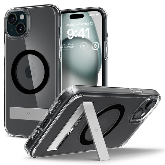 Spigen Ultra Hybrid S MagFit Designed for iPhone 15 Plus Case (2023) [Kickstand] [Amti Yellowing], Compatible with MagSafe - Bla