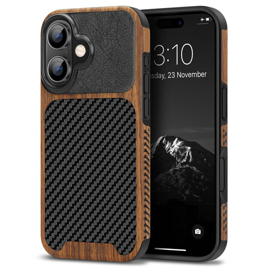 TENDLIN Compatible with iPhone 16 Phone Case Wood Grain with Carbon Fiber Texture Design Leather Hybrid Slim Case (Black)