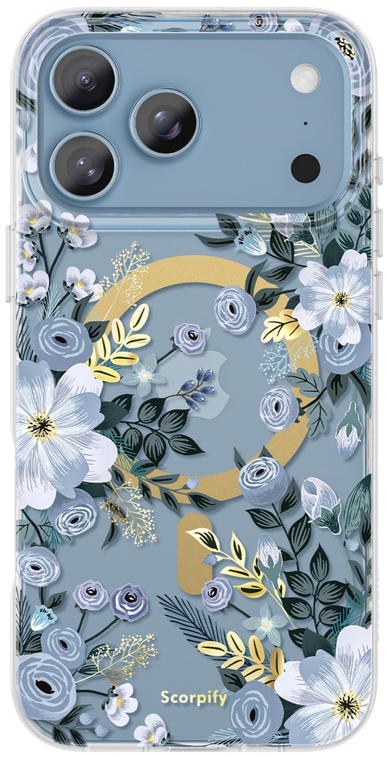 SCORPIFY for iPhone 17 Pro Case [Compatible with MagSafe] with Blue Nemophila Floral Design, Cute Clear Flower Magnetic Phone Co