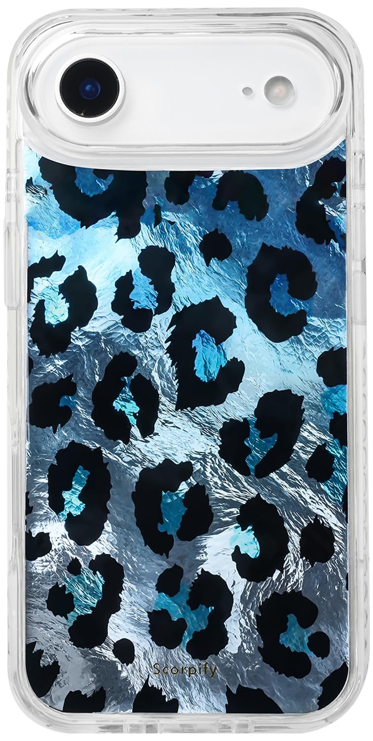 SCORPIFY for iPhone 17 Air Case [Compatible with MagSafe] with Blue Shimmer Leopard Print and Liquid Silver Texture, Cute Magnet