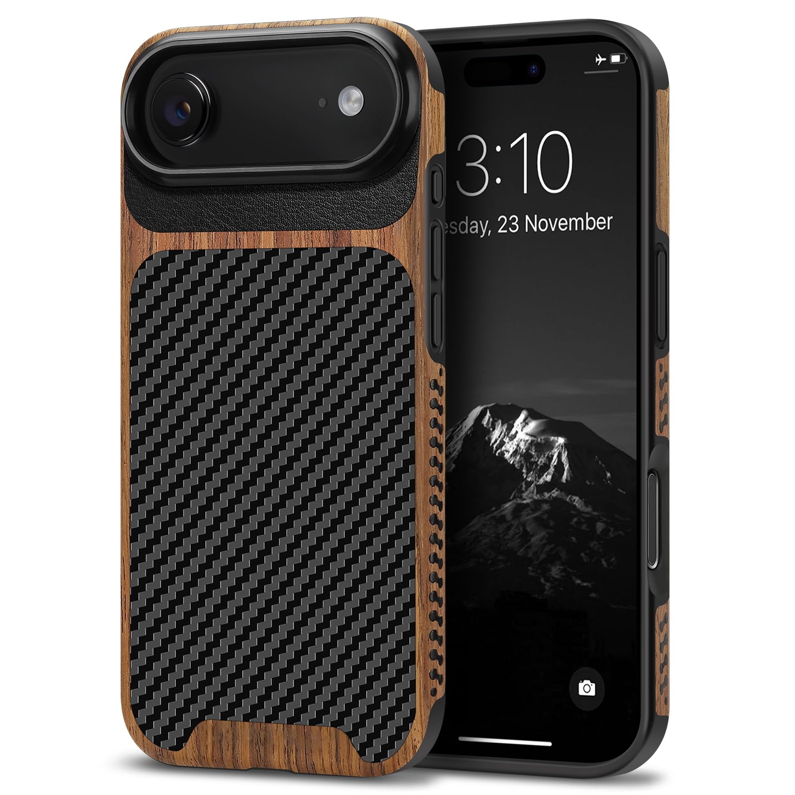 TENDLIN Compatible with iPhone Air Case Wood Grain with Carbon Fiber Texture Design Leather Hybrid Slim Case (Black)