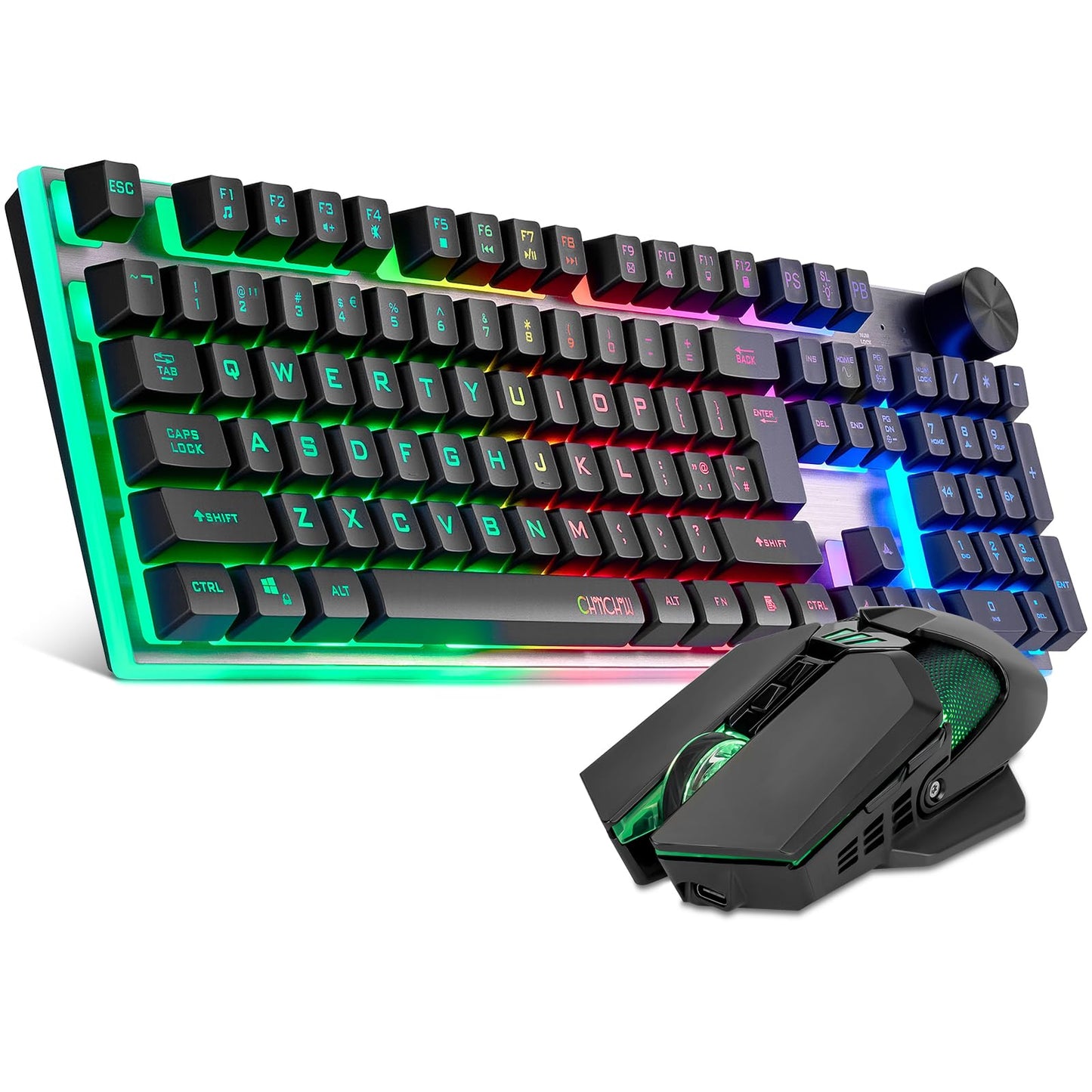 Wireless Gaming Keyboard with knob and Mouse Combo USB Dongle 2.4G Rechargeable 3000mAH Battery RGB Backlit Stainless Panel 4200