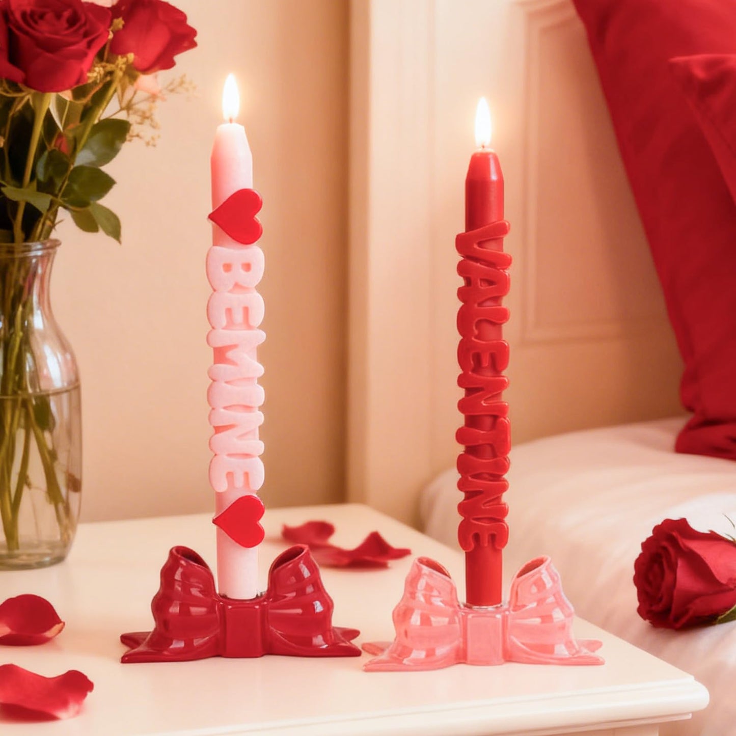 DN DECONATION Flameless Taper Candles Set of 2, Red & Pink Valentine LED Candles - Battery Operated Valentine & BE Mine Decor Ca