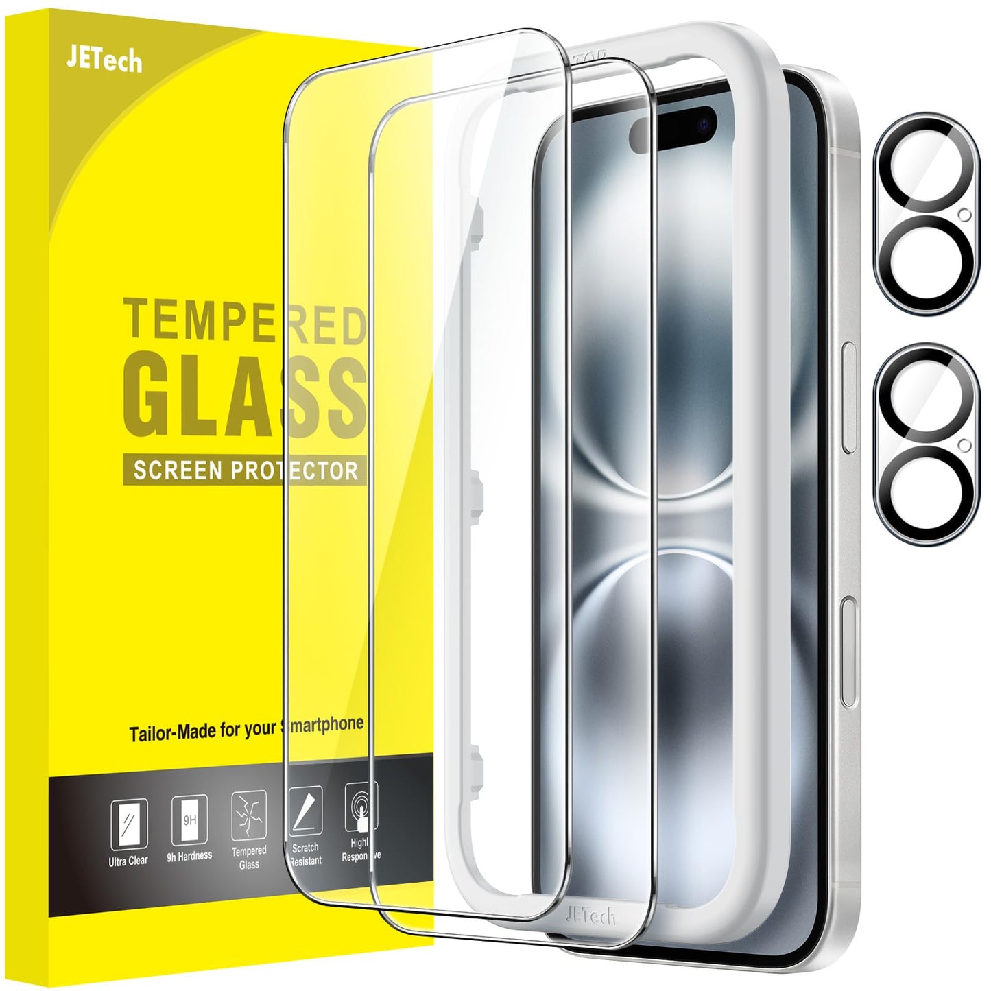 JETech Screen Protector for iPhone 16 6.1-Inch with Camera Lens Protector, Easy Installation Tool, Tempered Glass Film, HD Clear