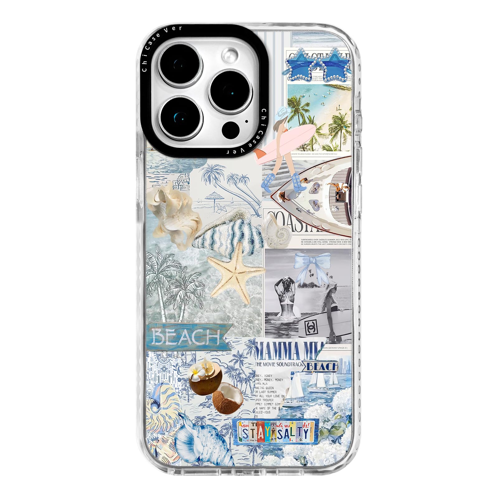 ChiCaseVer for iPhone 15 Pro Case, Nostalgic Beach Collage with Surfboard & Stay Salty, Military-Grade Drop Protection, Coastal
