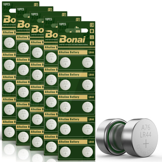 BONAI LR44 L1154f AG13 Batteries 1.5v Button Cell Battery 50-Pack, A76 357/303 SR44 Battery High Capacity Packaging Upgrade