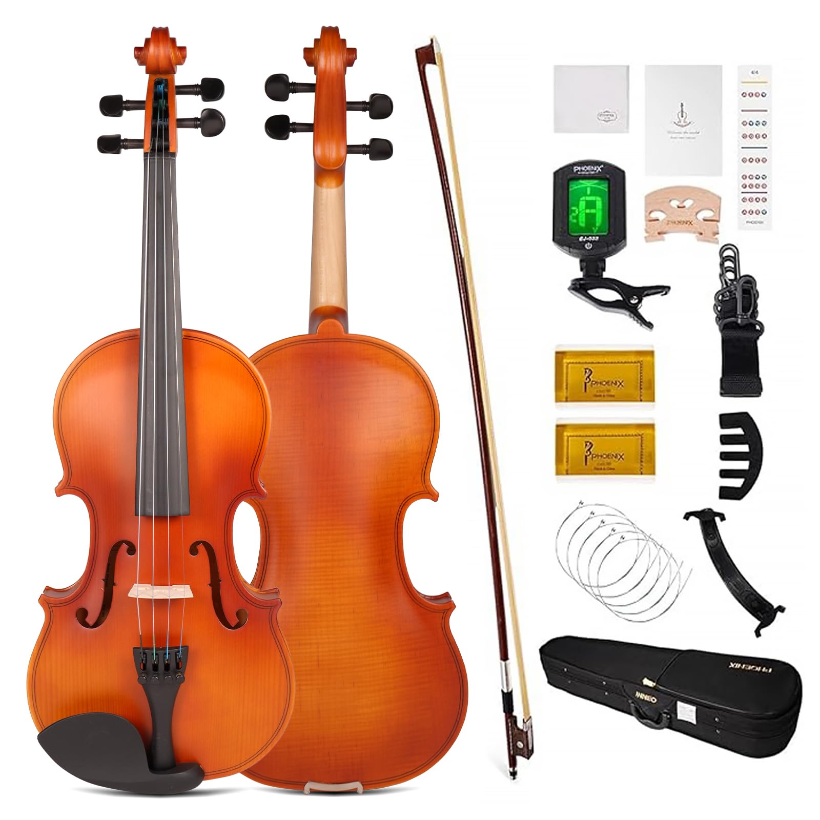 PHOENIX Violin 4/4 Full Size Kit, Violin Fiddle Set for Beginner Adults Student with Rosewood Bow Extra Strings & Bridge (golden