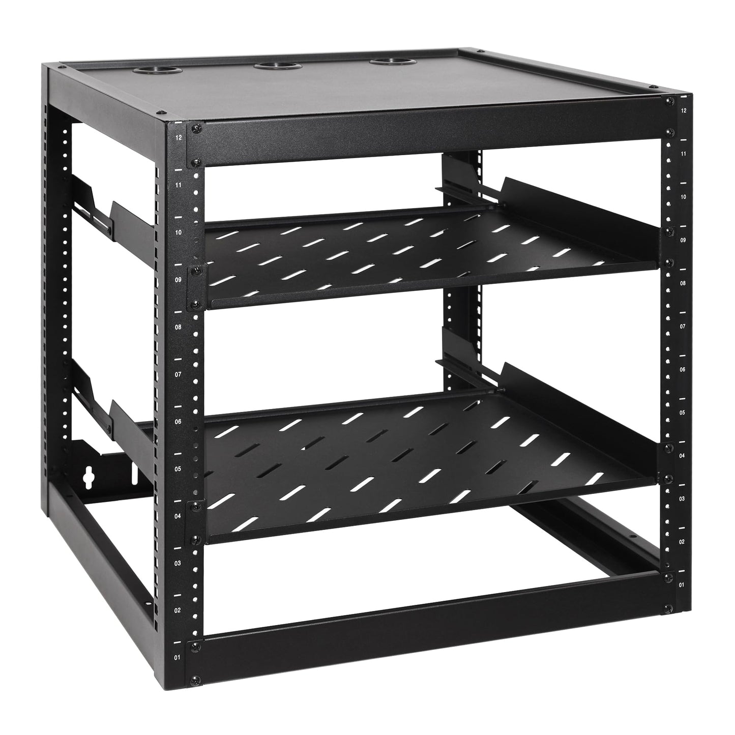 RackPath 12U Open Frame Network Rack with 2X 14in Vented 1U Shelves Rear Support, Wall Mount/Floor Standing Network Cabinet, Hea
