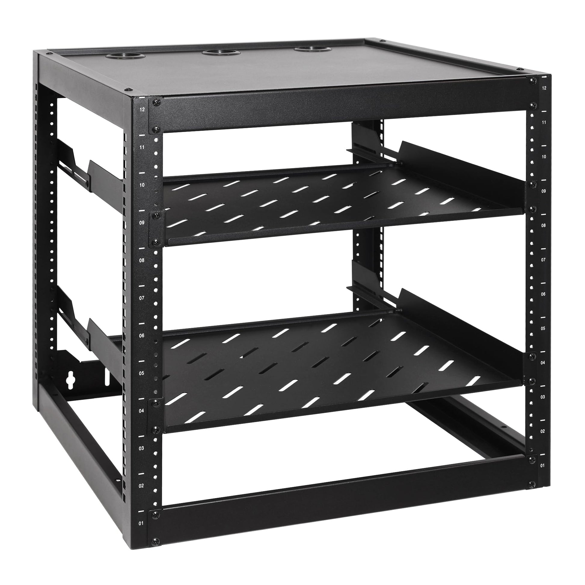 RackPath 12U Open Frame Network Rack with 2X 14in Vented 1U Shelves Rear Support, Wall Mount/Floor Standing Network Cabinet, Hea