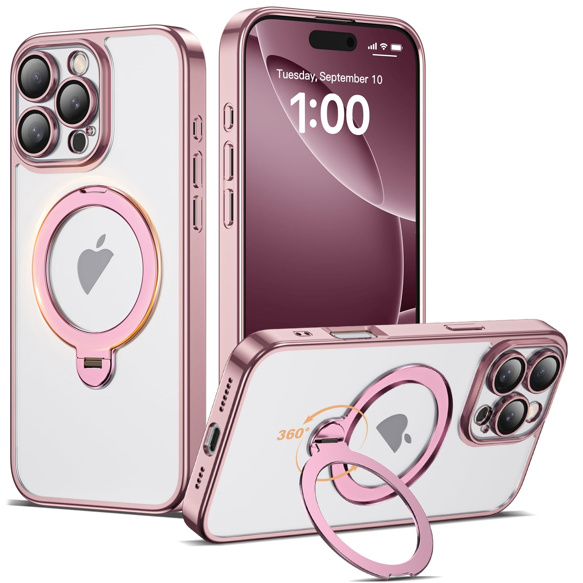 AmoraAqua Compatible with iPhone 16 Pro Case with 360 Rotatable Magnetic Ring Stand [Compatible with Mag-Safe] Camera Lens Prote