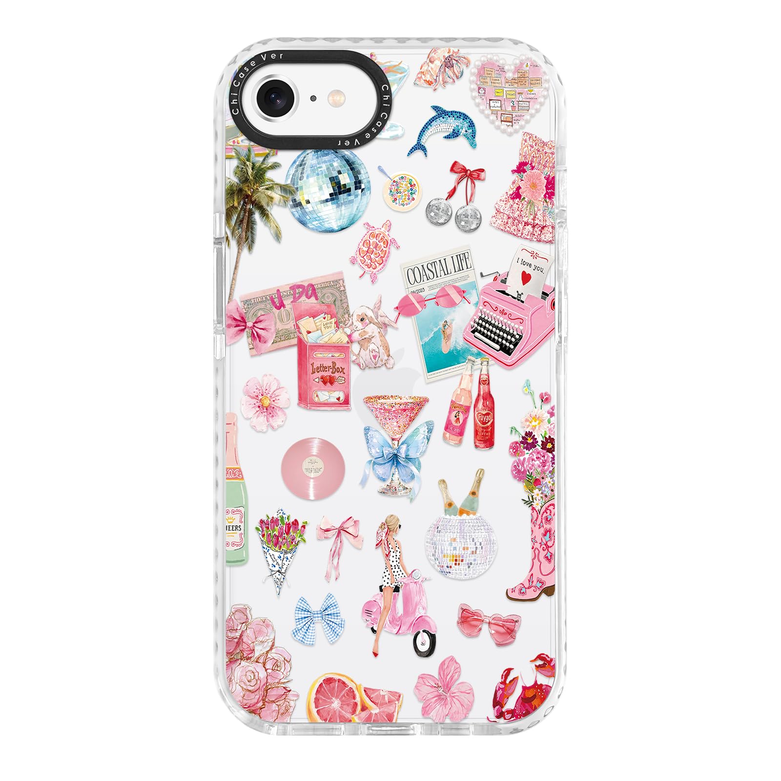 ChiCaseVer for iPhone 7/8/SE Case, Coastal Romance Collage Pattern with Pink Motifs, Military-Grade Drop Protection, Trendy Glam