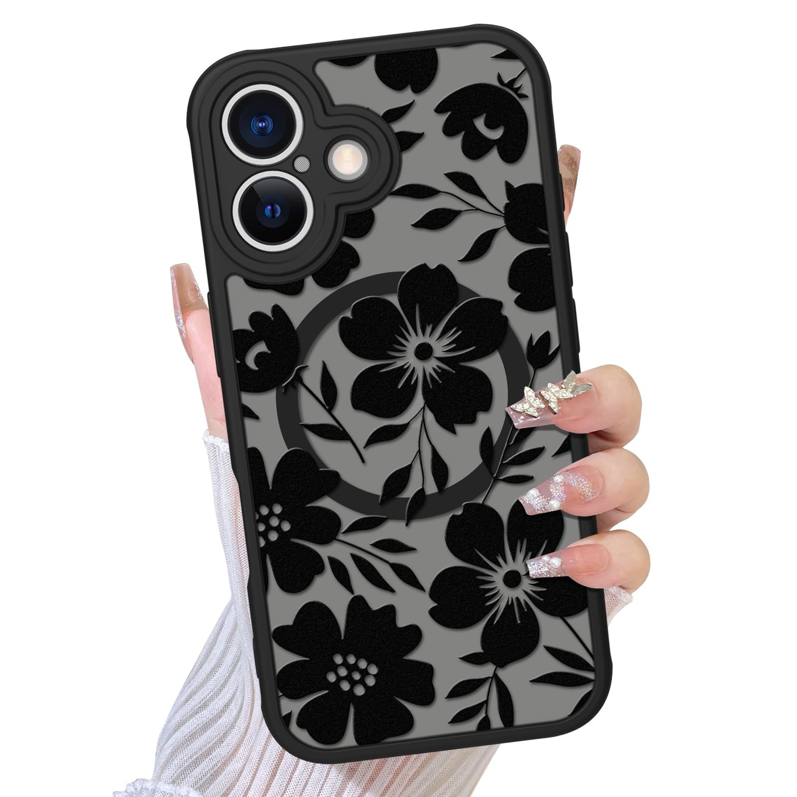 TEAUGHT Compatible with iPhone 16 Case Support for MagSafe Cute Pattern Floral Flower Camera Protection Matte Skin-Touch Cover f