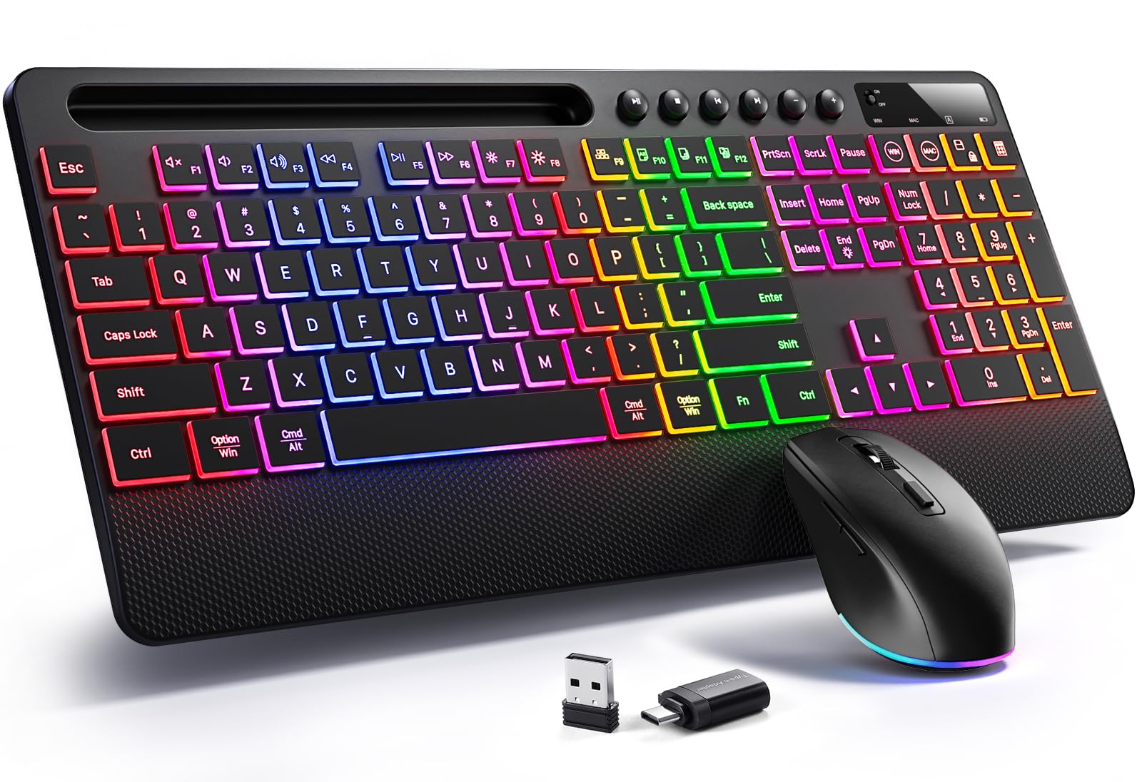 Hamile Wireless Keyboard and Mouse Combo:RGB Backlit Effects,Ergonomic Full Size Silent Keyboard,Wrist Rest,2.4G Rechargeable wi