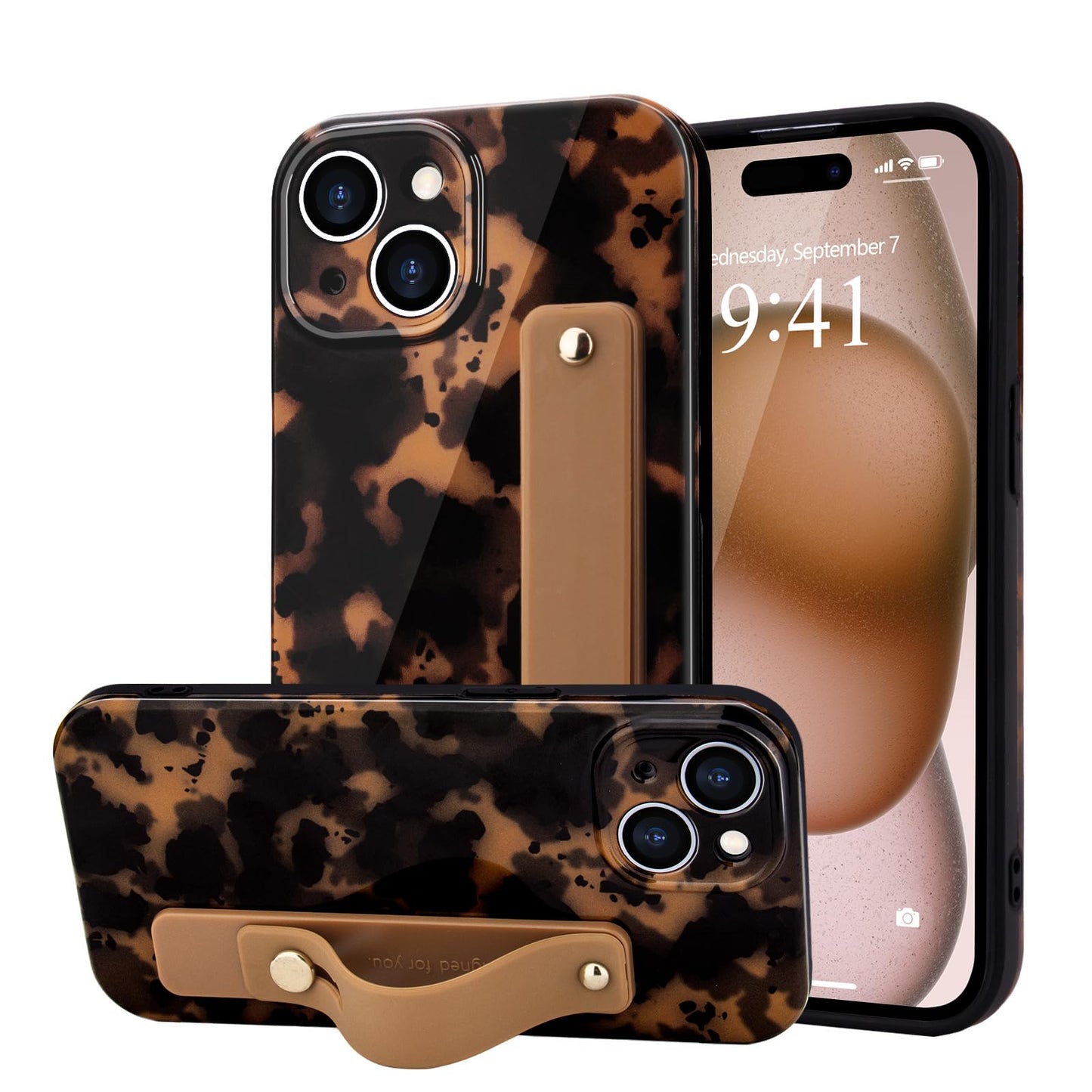 LAPOPNUT for iPhone 13 Case with Wrist Strap, Cheetah Leopard Tortoise Shell Print Shockproof Soft TPU Protective Case for Women