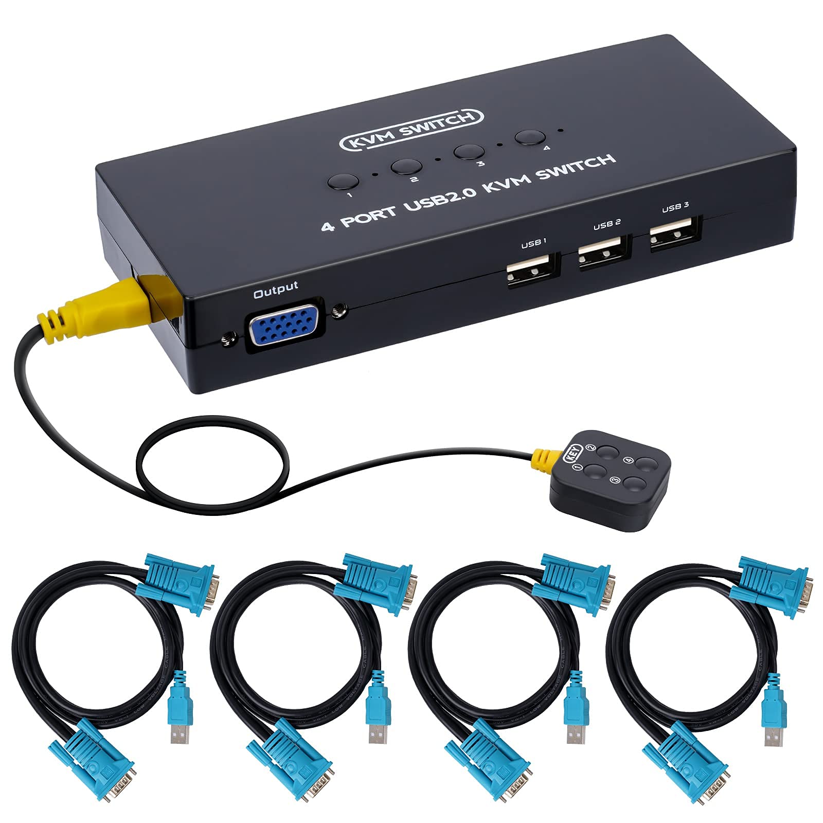 VGA KVM Switch 4 Port, USB VGA KVM Switcher for 4 Computers Share 1 Monitor 3 USB Devices Keyboard Mouse Scanner Printer, Includ