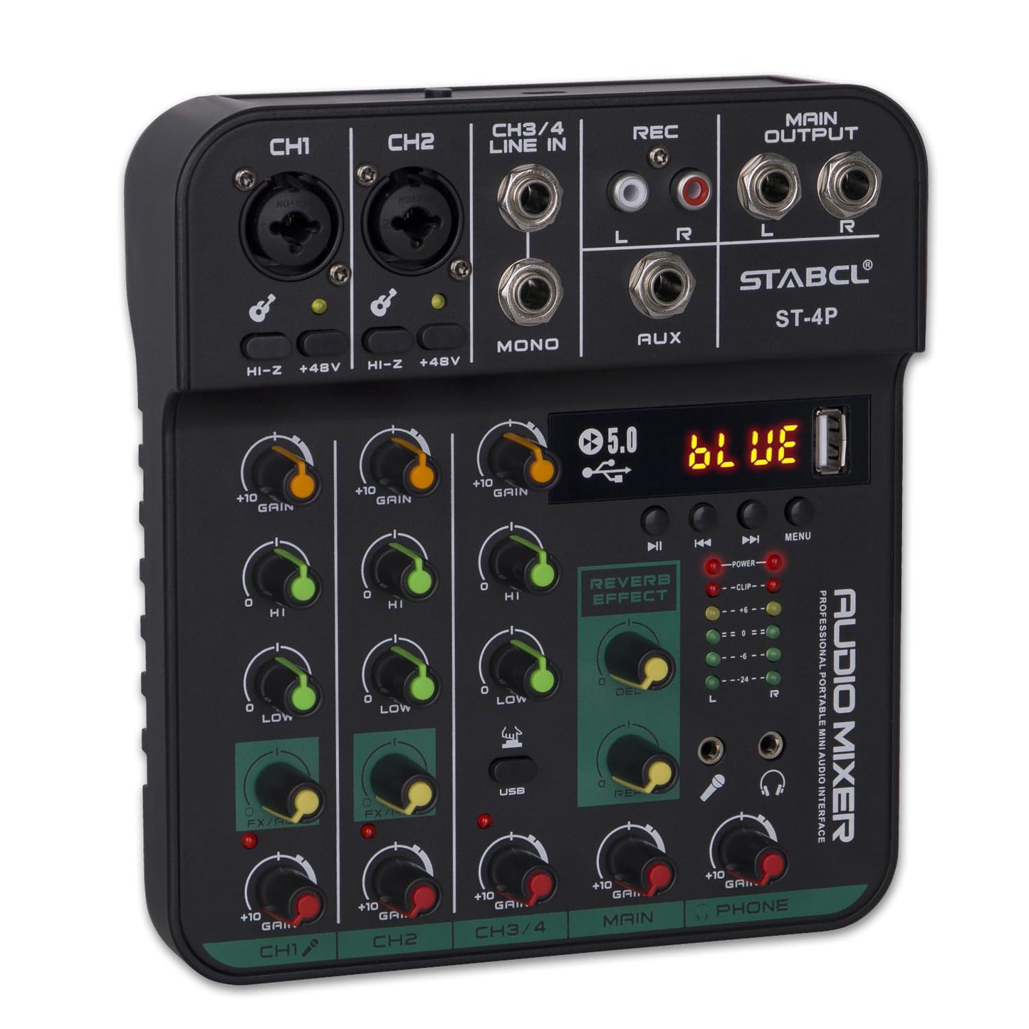 4 Channel Audio Mixer Board, Sound Board Mixing Console with Digital USB Bluetooth 48V Phantom Power and Echo, Small Sound Mixer