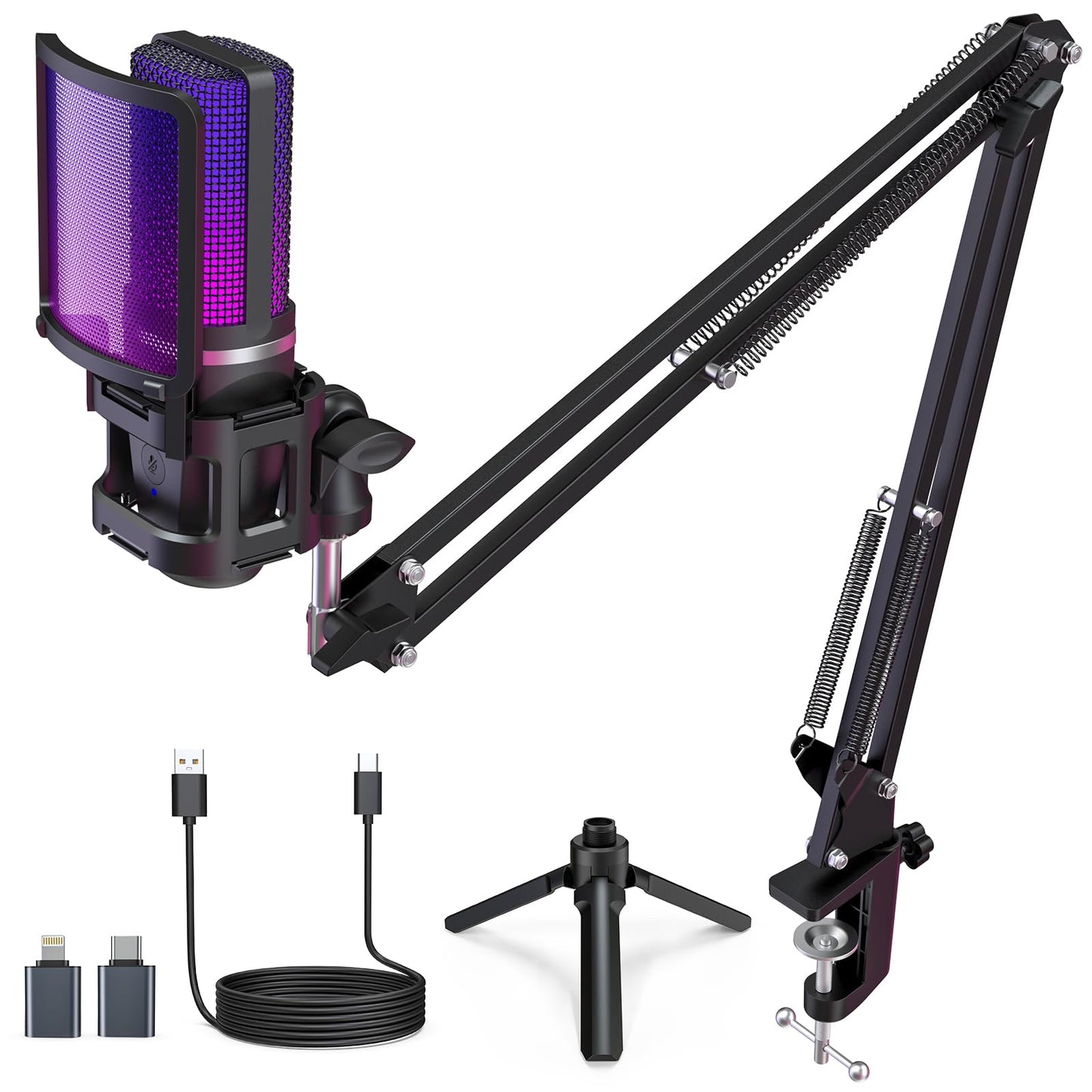 ZealSound Gaming Microphone Kit,Podcast Mic with RGB Boom Arm Stand,RGB Microphone with Gain,Mute,Monitor,Volume Control for Str