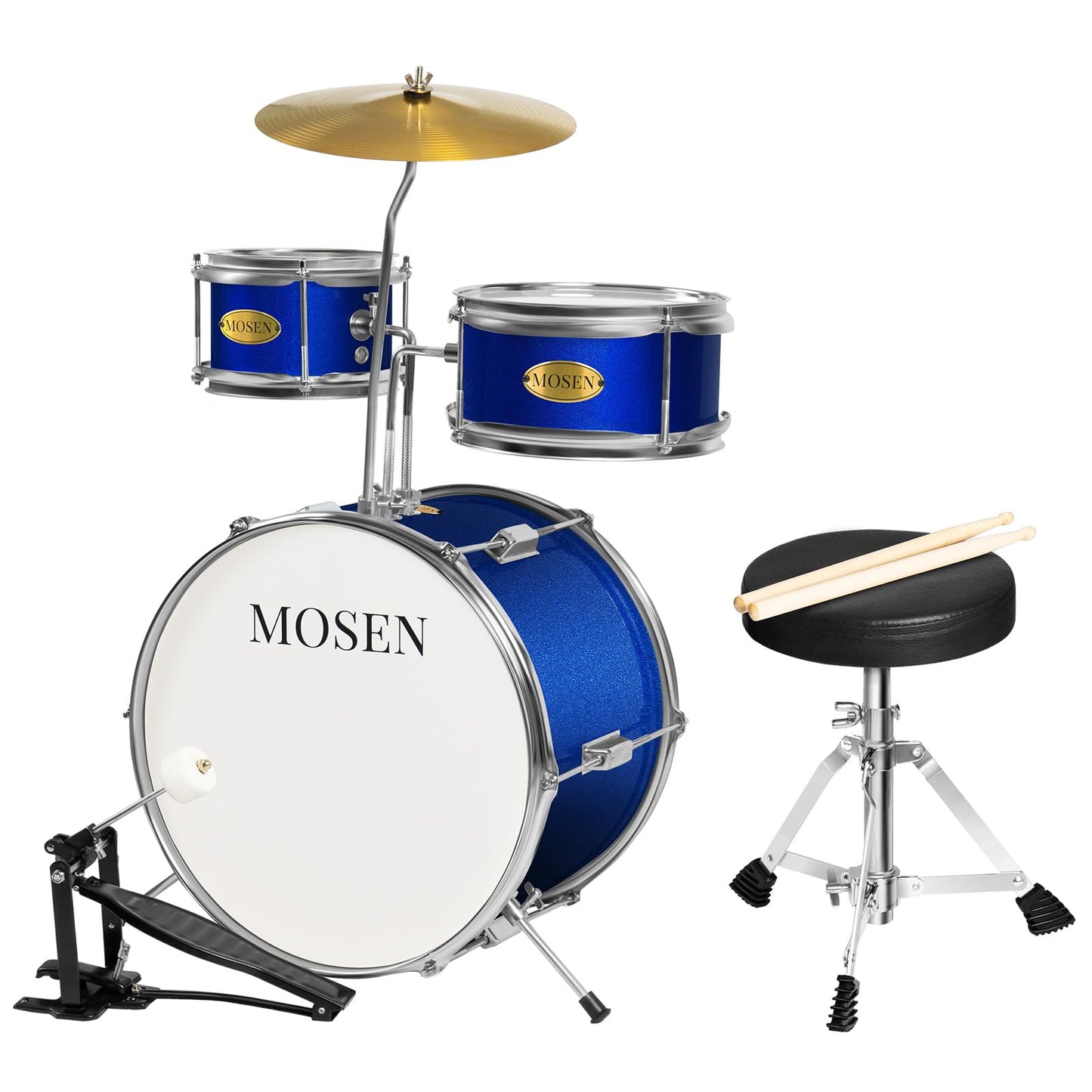MOSEN Drum Set 3-Piece Beginner Drum Set Junior Drum Kit with Adjustable Throne, Cymbal, Pedal & Drumsticks Drums with Bass Tom