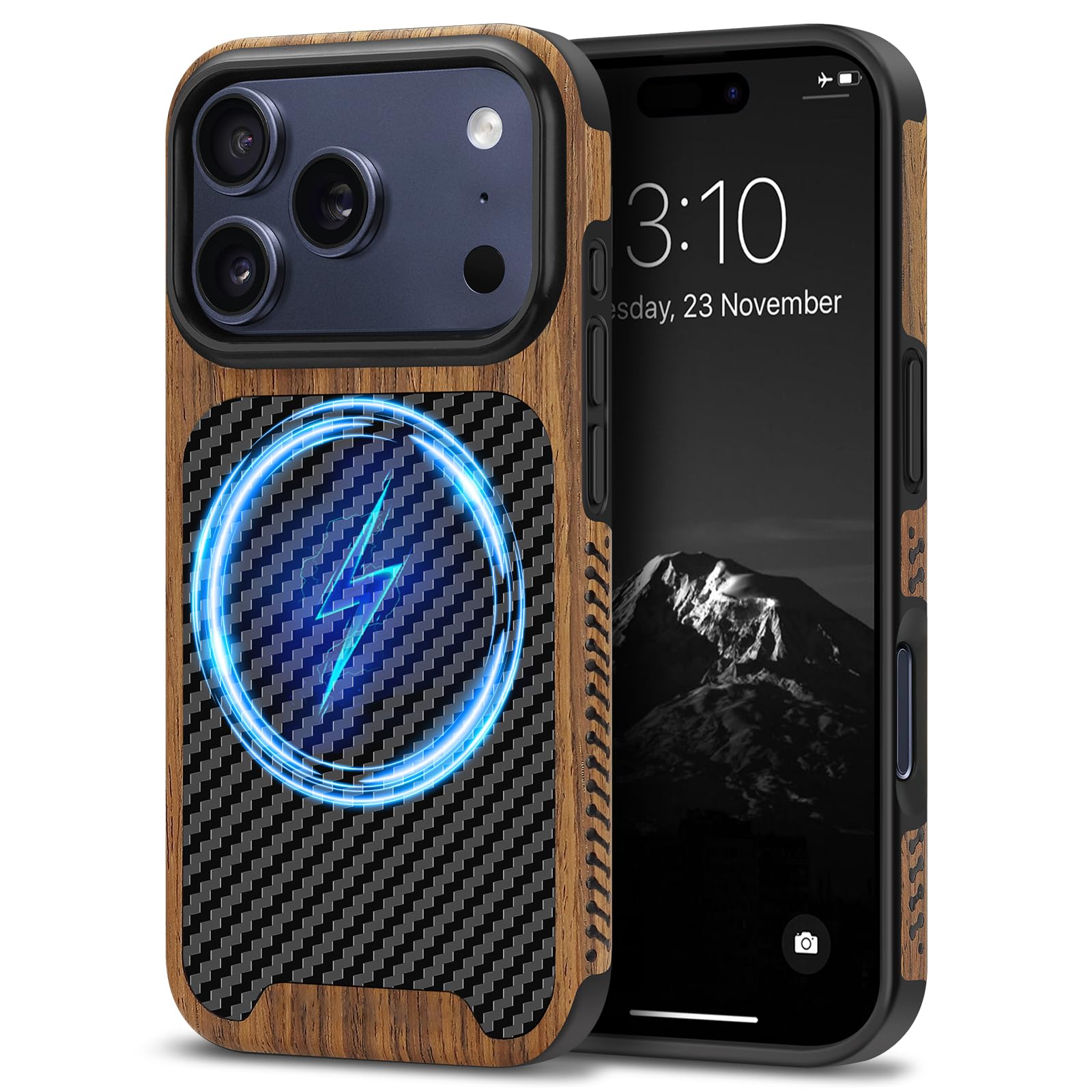 TENDLIN Magnetic Case Compatible with iPhone 17 Pro Case Wood Grain with Carbon Fiber Texture Design Leather Hybrid Slim Cover (