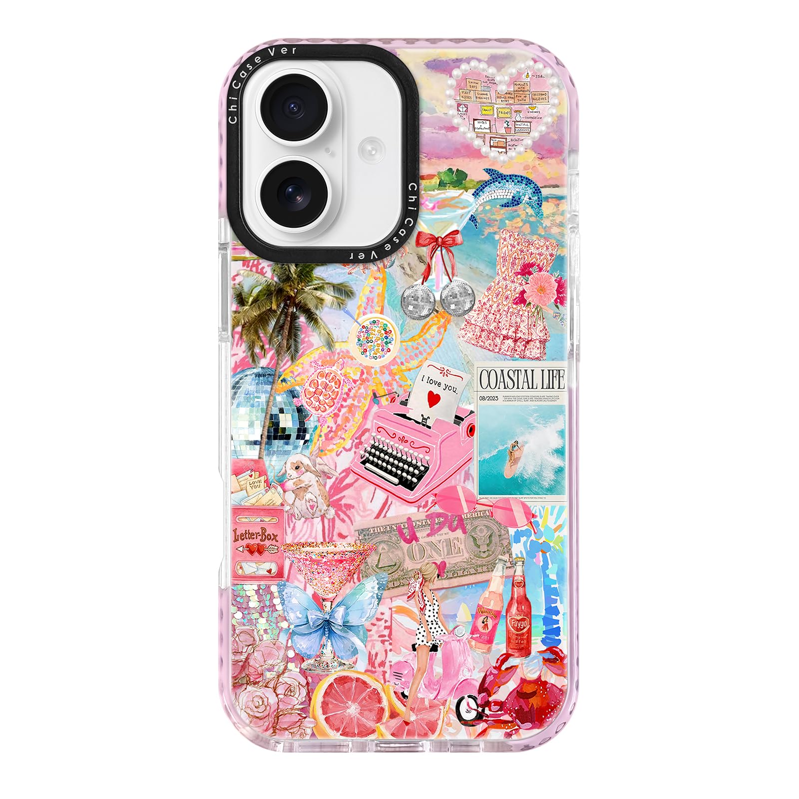 ChiCaseVer for iPhone 17 Case, Coastal Life Pattern with Tropical Collage, Military-Grade Drop Protection, Pink Paradise Soft Sl
