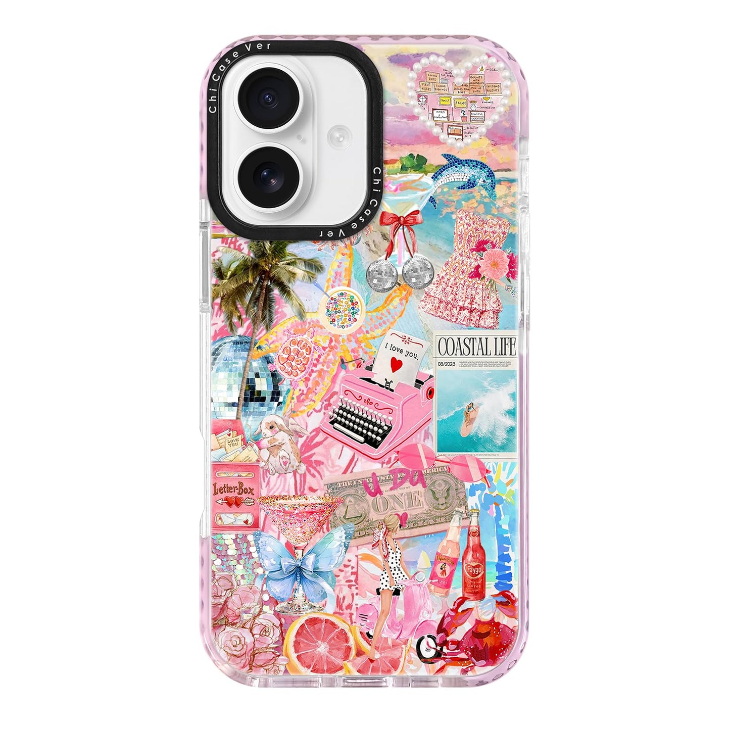ChiCaseVer for iPhone 16 Plus Case, Coastal Life Pattern with Tropical Collage, Military-Grade Drop Protection, Trendy Soft Slim