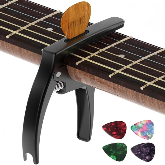 TANMUS 3in1 Guitar Capo for Acoustic and Electric Guitars(with Pick Holder and 4Picks),Ukulele,Guitar Accessories(Metallic Silve
