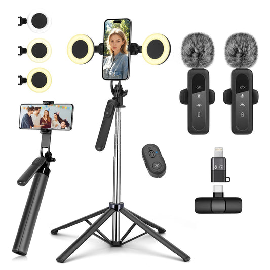 Vlogging Kit for iPhone/Android, Metal Selfie Stick Tripod for iPhone with Light and Microphone,70 inch Tall Adjustable Phone Tr
