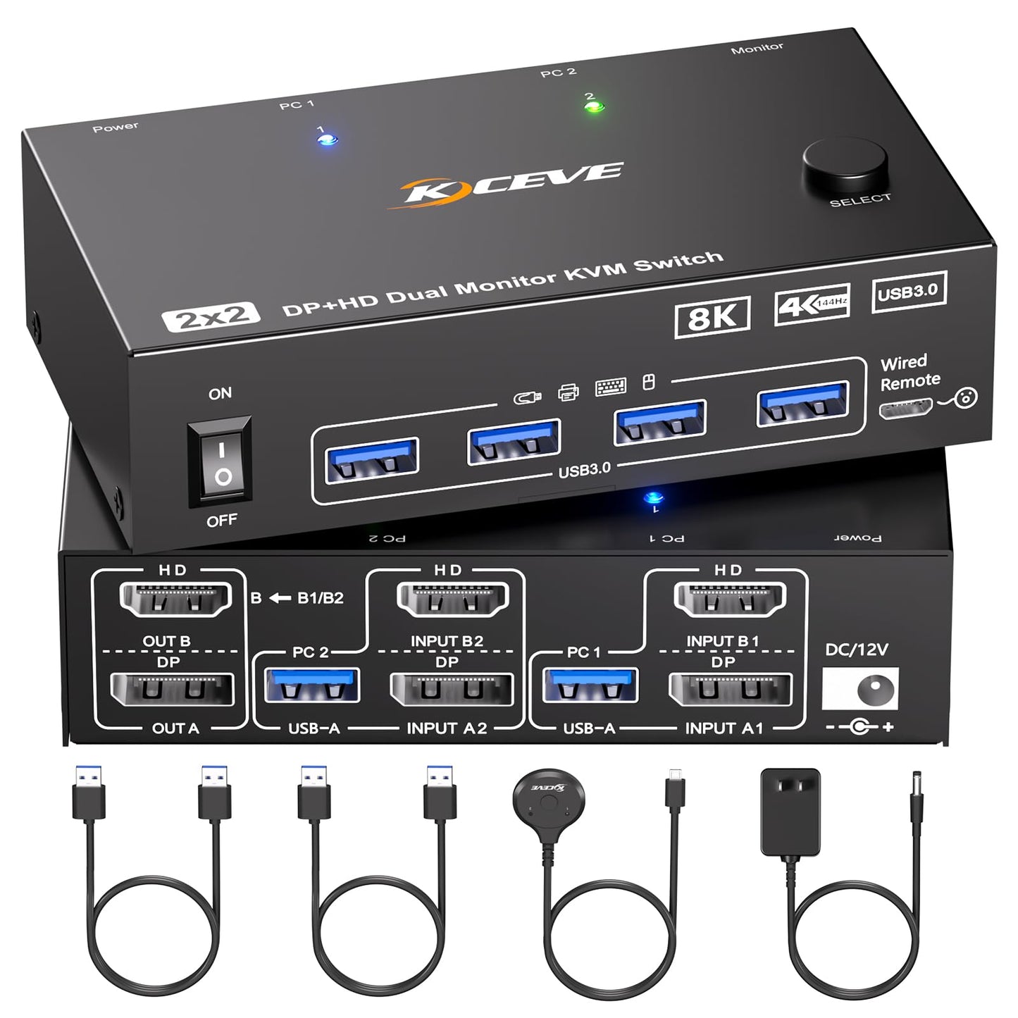 KVM Switch 2 Monitors 2 Computers Displayport HDMI 4K@144Hz, USB3.0 Dual Monitor KVM Switch for 2 Computers Share 2 Monitors and
