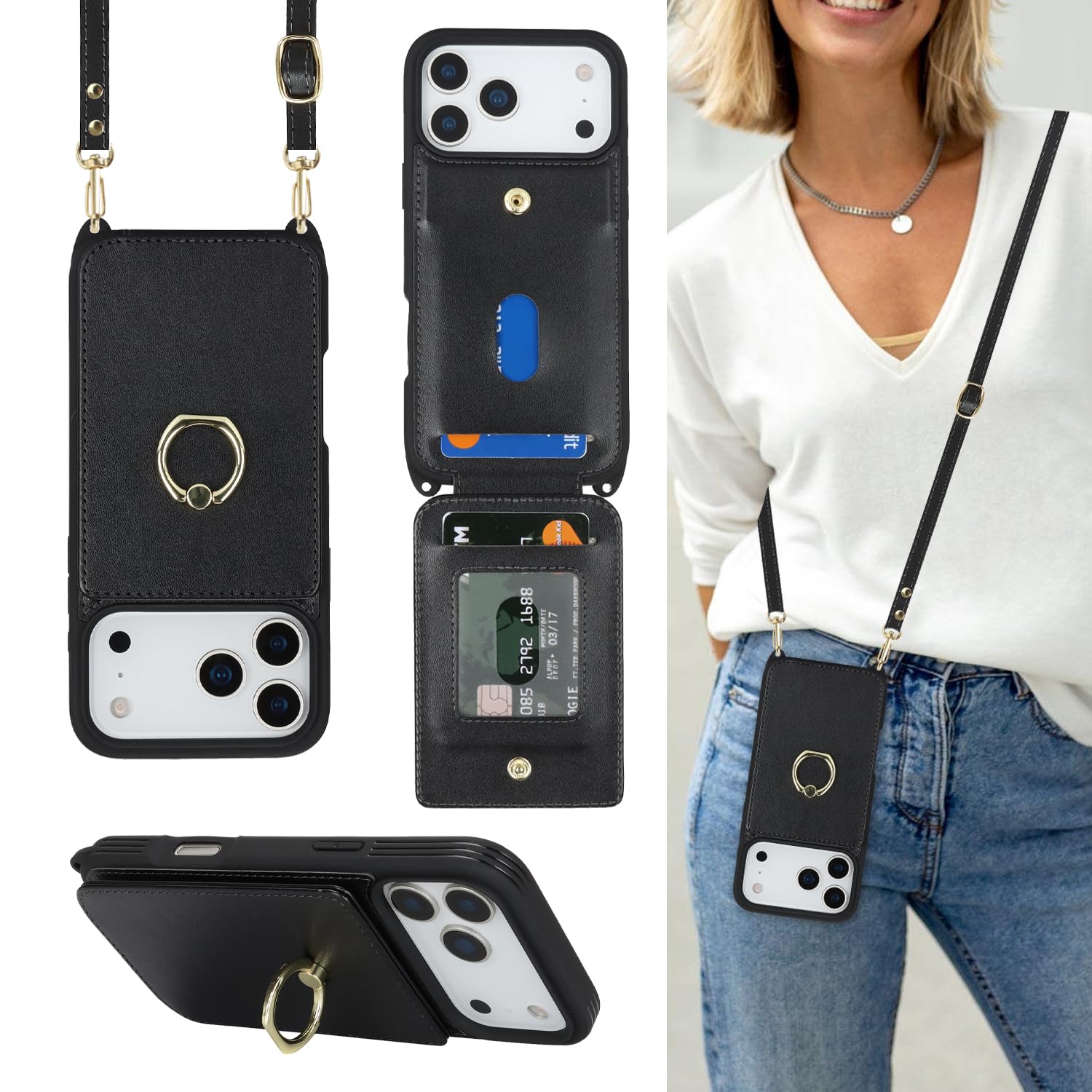 Lipvina for iPhone 17 Pro Max Case with Card Holder and Strap for Women,Crossbody Lanyard,Ring Stand,Snap Clasp,Cute Phone Walle