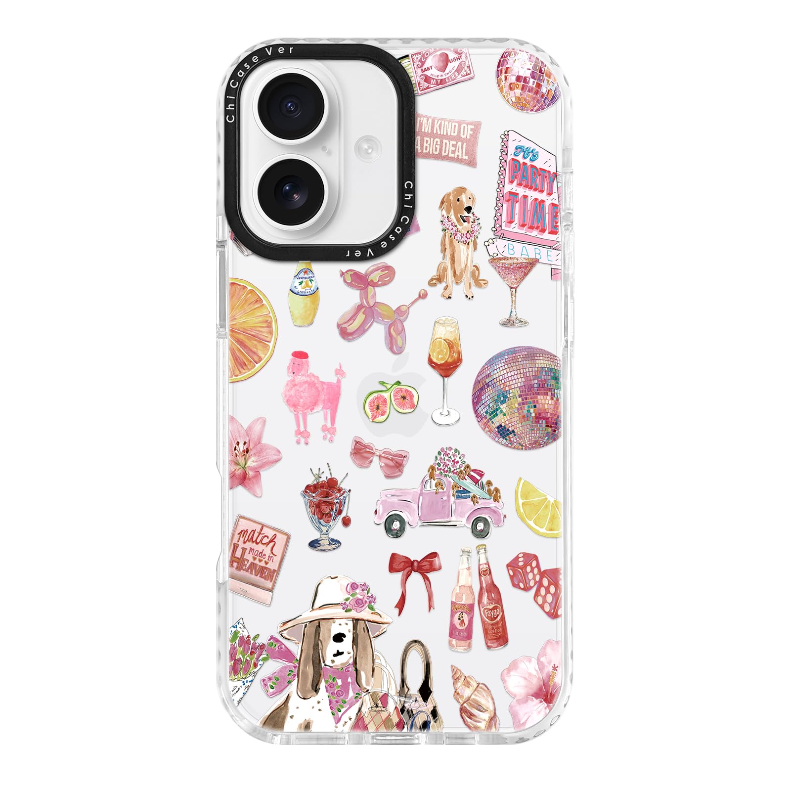 ChiCaseVer for iPhone 17 Case, Party Time Collage Pattern with Cute Dogs & Cocktails, Girly Pink Soft Slim TPU Protective & Came