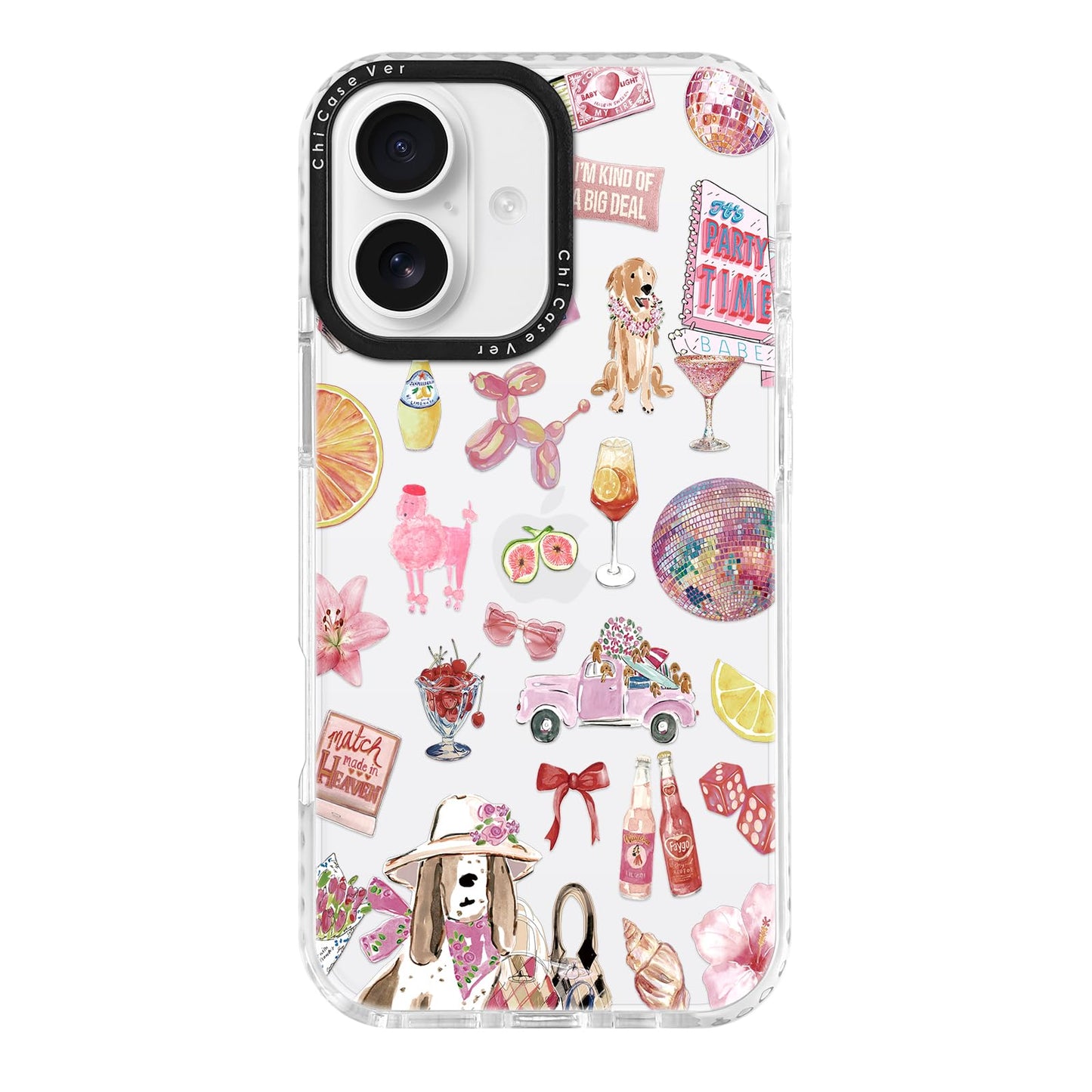 ChiCaseVer for iPhone 16 Plus Case, Party Time Collage Pattern with Girly Pink Cocktails, Military-Grade Drop Protection, Girly