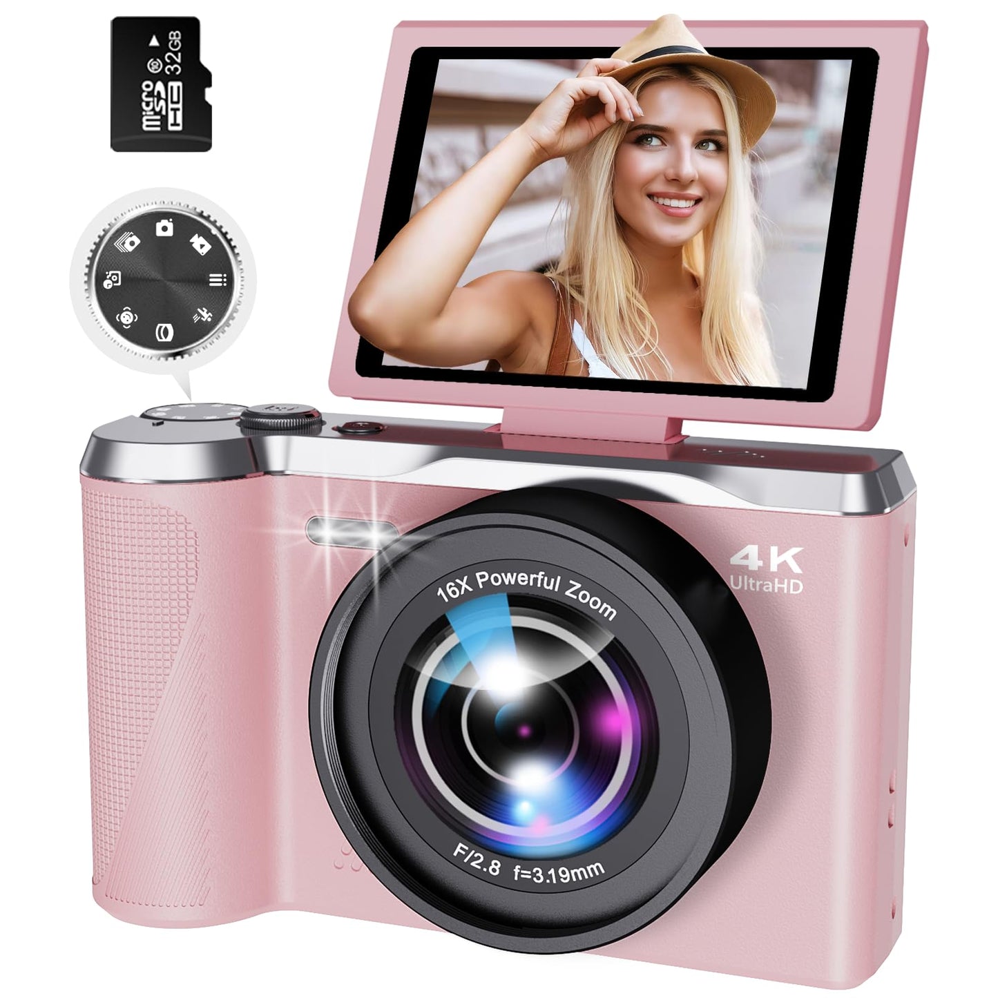 4K Digital Camera for Photography and Video, 56MP Autofocus Vlogging Camera with 3 180 Flip Screen, 16X Zoom Compact Point and S