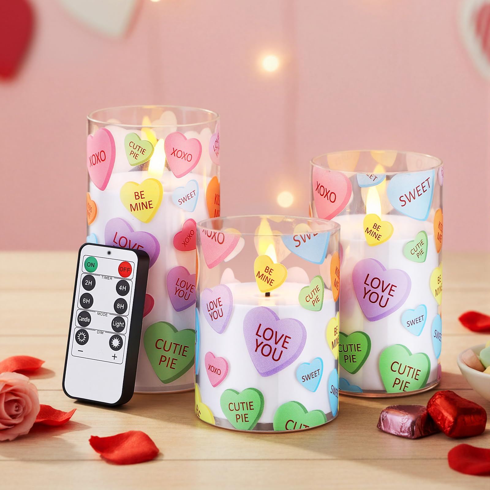 Huquary 3 Pcs Valentine s Day Conversation Heart LED Flameless Candles Colorful Candy Heart Flickering Pillar Candles with Batt