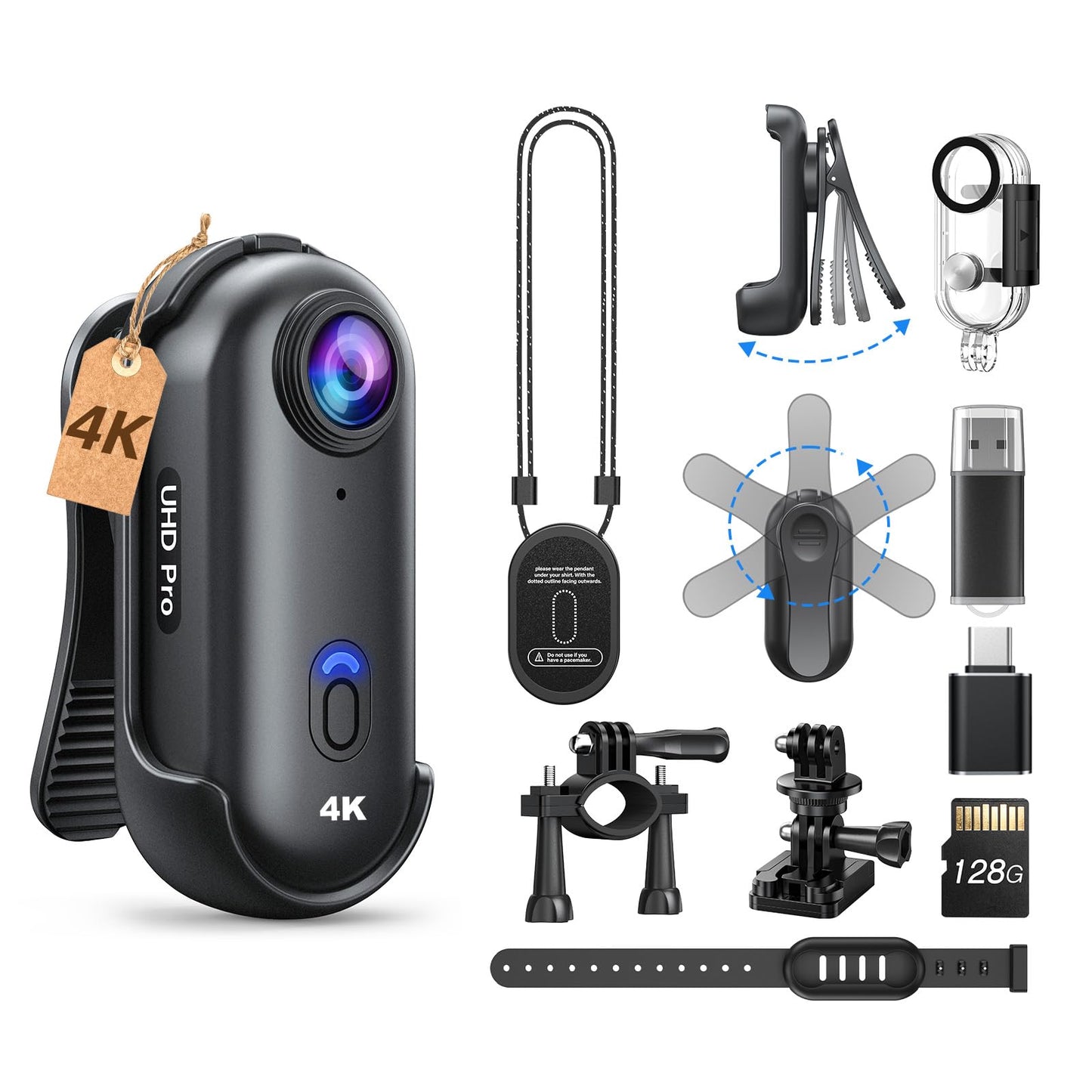 BOBLOV W4 4K Mini Body Camera, 128G Wearable Cam with Waterproof Case, Magnetic Clip, and Quick-Mount Accessories, 96 Minutes fo