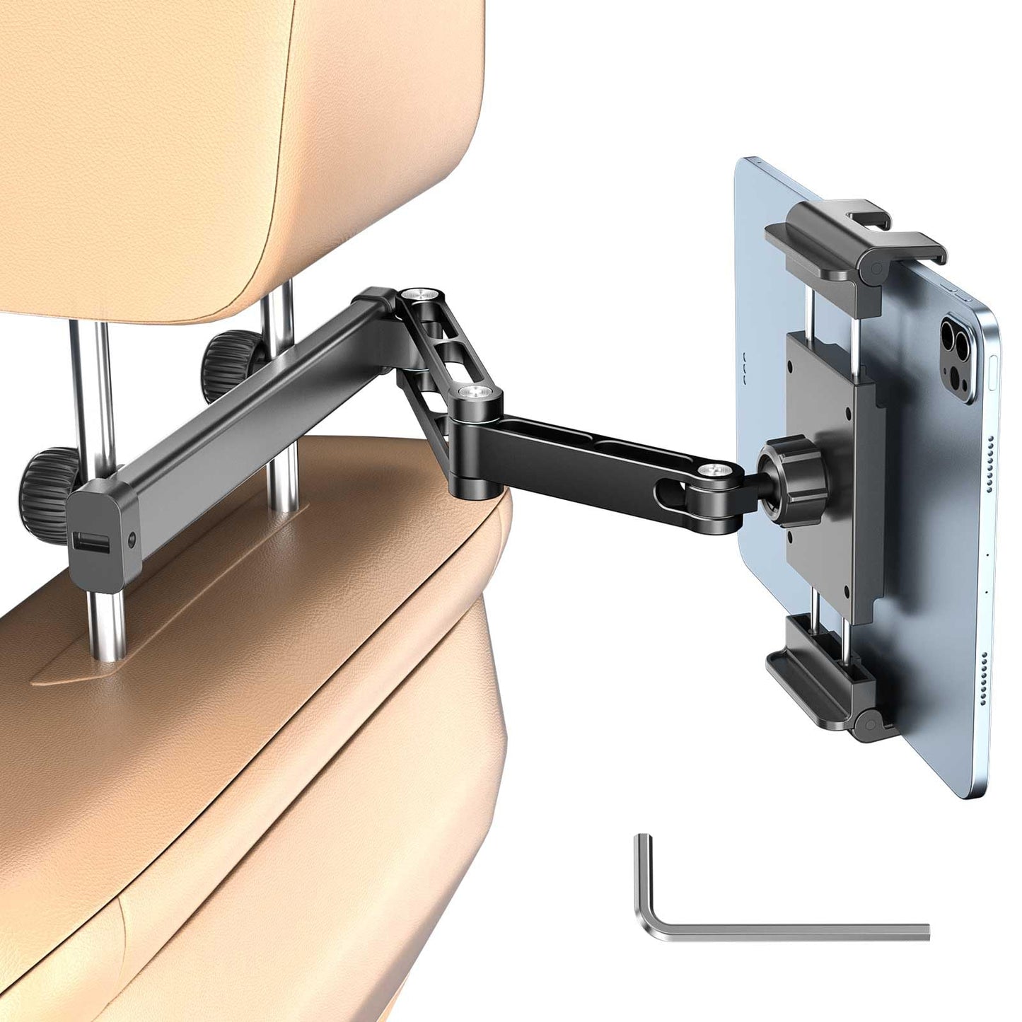 PLDHPRO Car Headrest Tablet Holder for Backseat, 3 in 1 Adjustable Aluminum Alloy Arm Tablet Mount for Back Seat, Road Trip Esse
