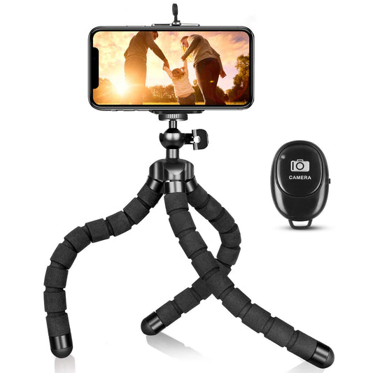 KAMISAFE Mini Flexible Phone Tripod Stand with Remote, Universal Clip for iPhone 15/14/13/12/Pro Max, Black, Plastic