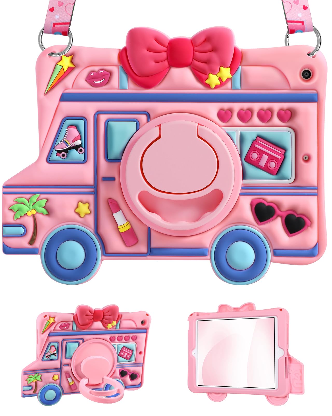 LISEVO for iPad 9th/8th/7th Generation Case - for Girls Cute Girly Kawaii 3D Cartoon Design with Rotating Stand Handle & Shoulde