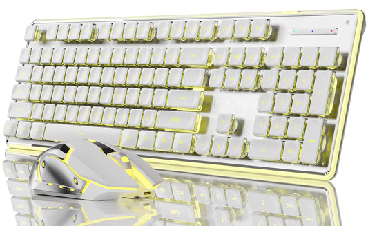 SEUNKWANG EWEADN V3 Wireless Keyboard and Mouse with Yellow Backlit, Metal Panel, Bluetooth/2.4G Rechargeable Computer Keyboard