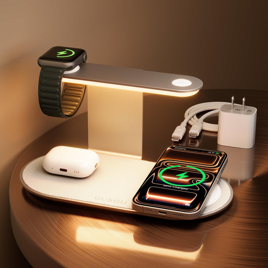 GUSGU 3 in 1 Charging Station for MagSafe Wireless Charger with Three-Level Night Light, 15W Max Fast Charging for iPhone 17/16/