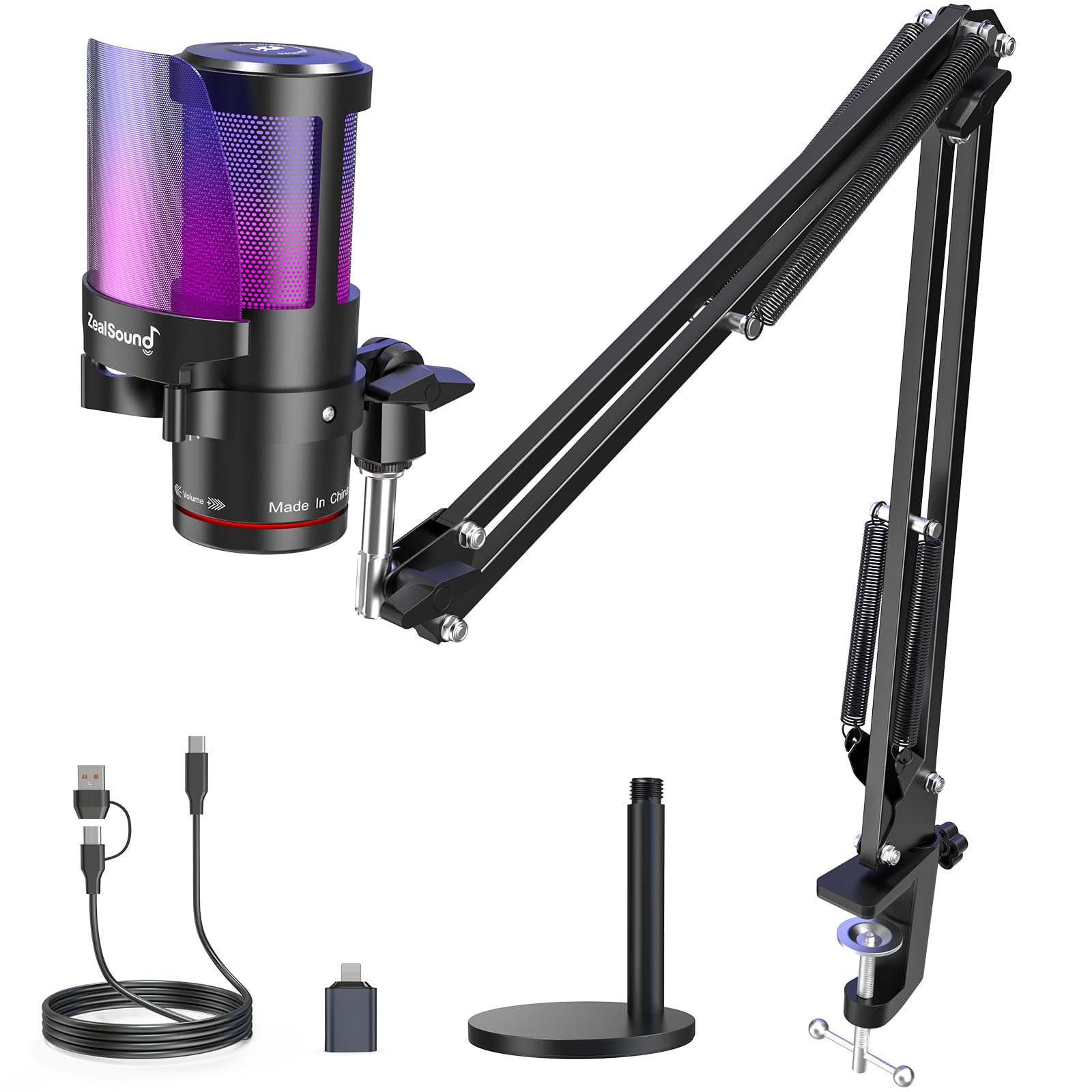 ZealSound USB Gaming Microphone Kit,Noise Cancellation Condenser Mic with Touch Mute,Gain,Monitoring,Boom Arm for Streaming,Podc