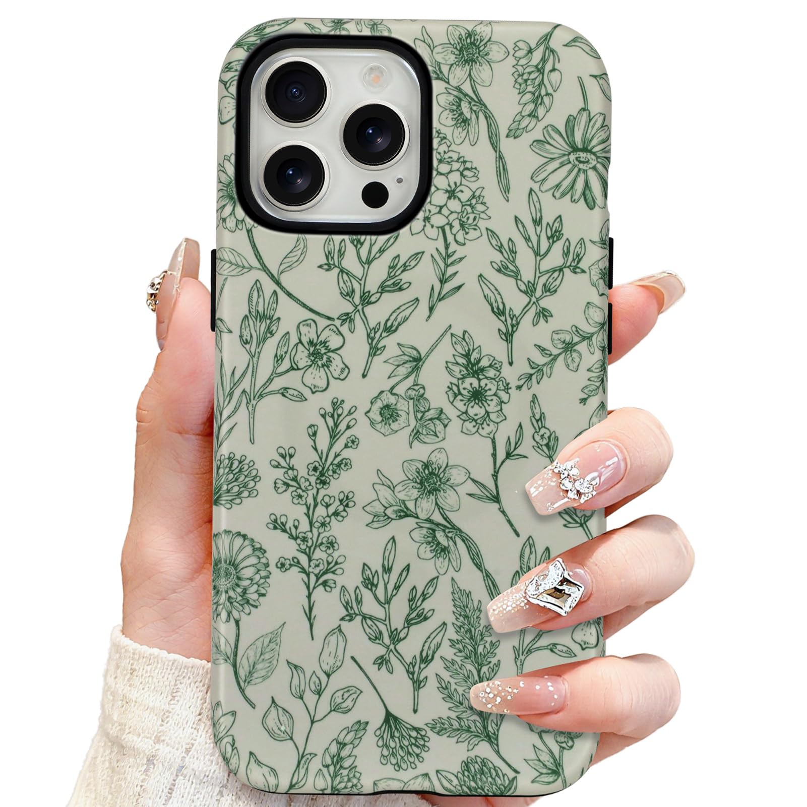 SOKAD Magnetic Sage Floral Phone Case for iPhone 15 Pro, Vintage Green Flower Pattern Compatible with Magsafe Matte Protective C