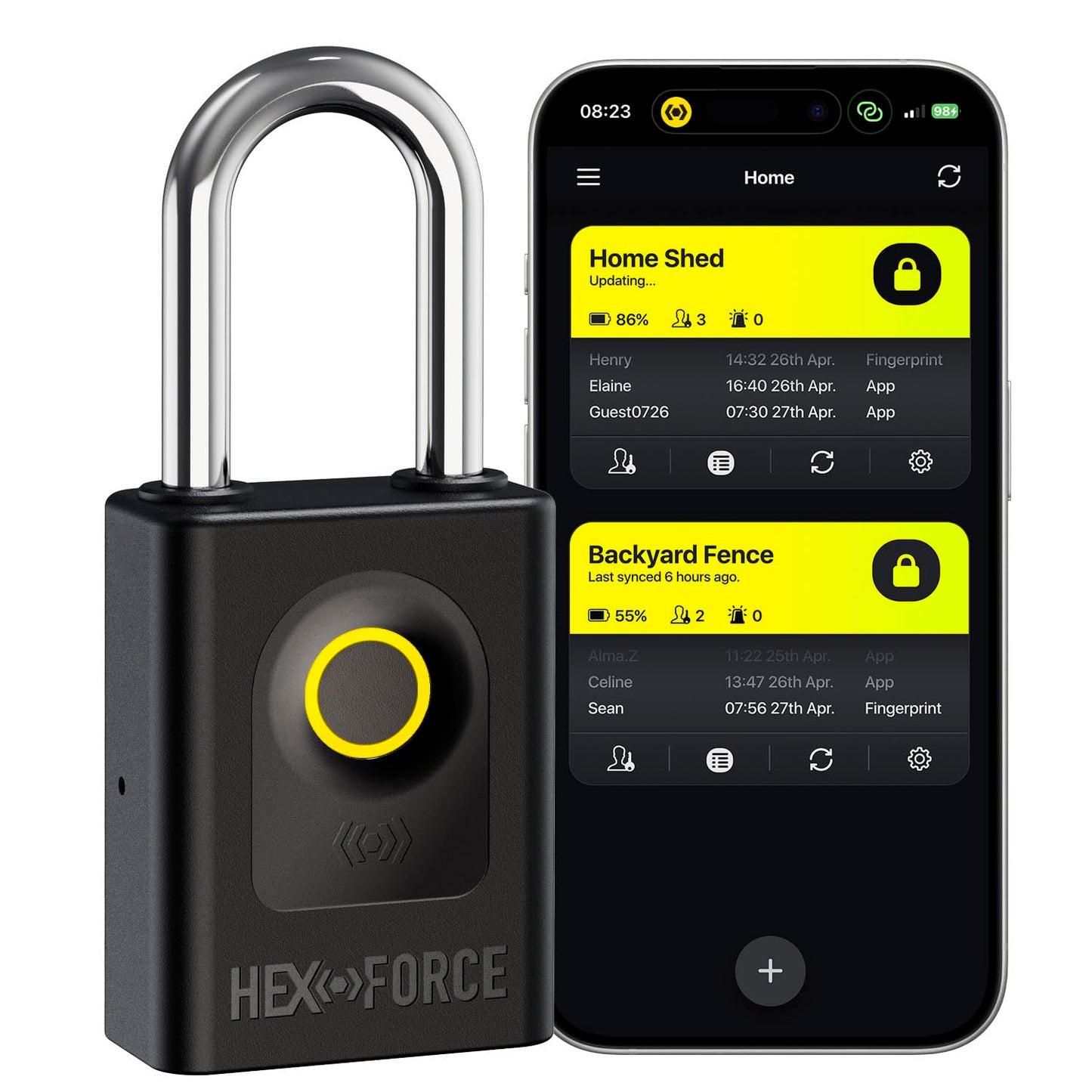 Smart Fingerprint Padlock - HEXFORCE G1 Heavy Duty Dual-Ball Locking Padlock, IP67 Weatherproof, Biometric and Bluetooth Control