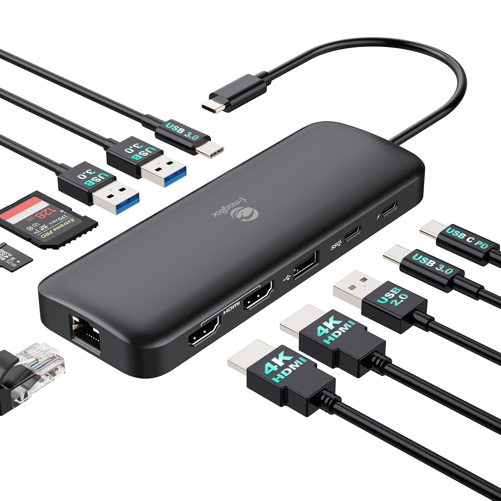i-magBac Laptop Docking Station Dual Monitor 2 HDMI, 11-in-1 USB C 4K/60Hz Dual Display Dock,1Gbps Ethernet, 100W USB C PD Port,