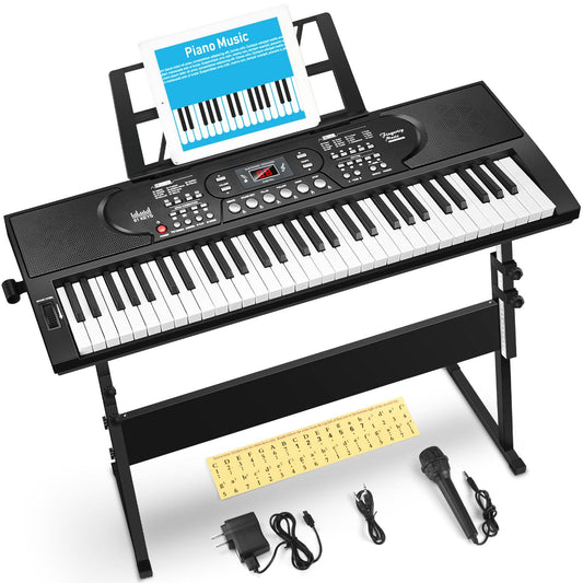 61 Key Keyboard Piano with Stand, Portable Electric Piano Keyboard Kit for Beginners with Stand, Microphone,Note Stickers, Music
