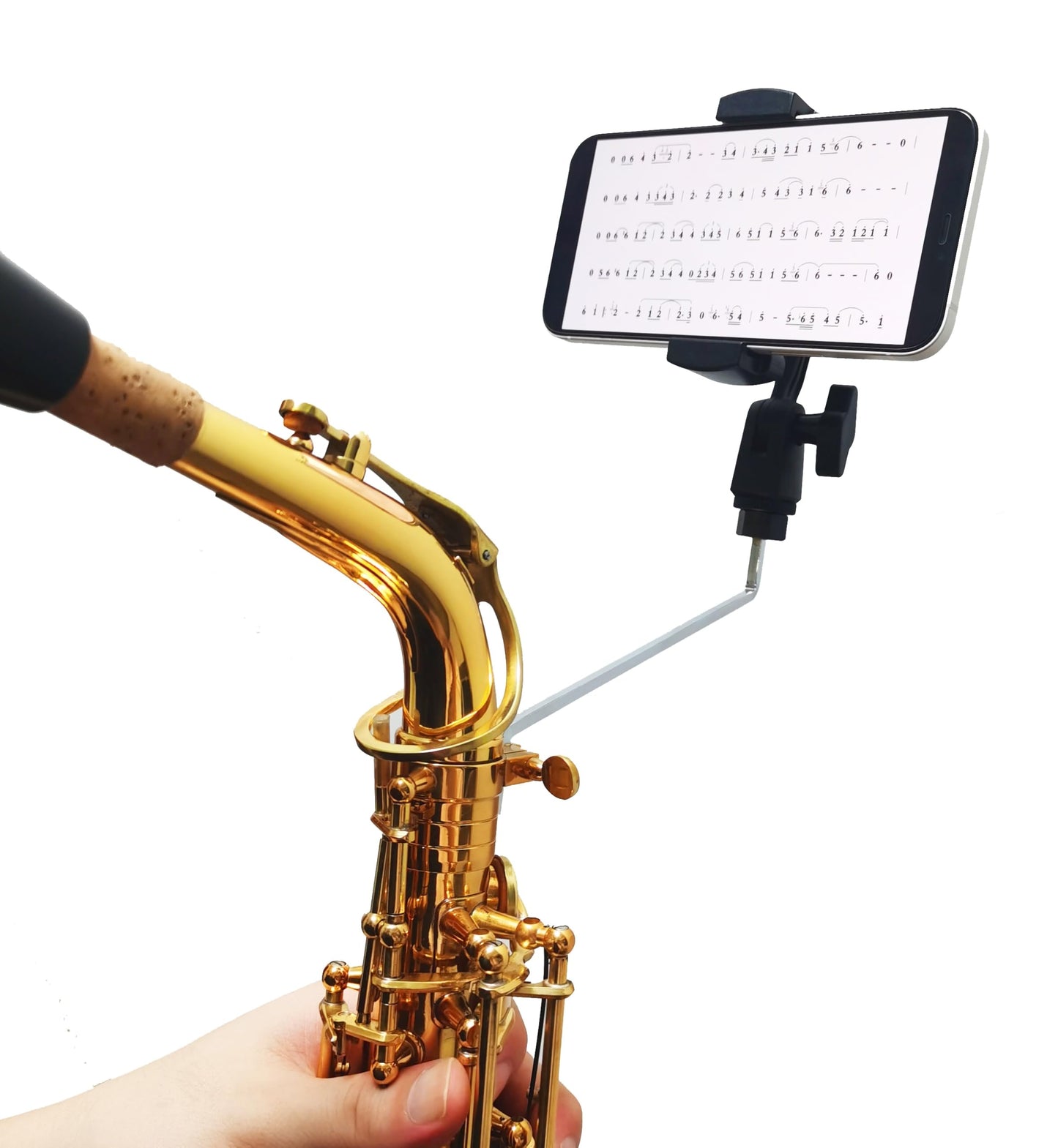 BEIIRLLA Alto Saxophone Lyre Phone Holder, 360Adjustable Music Stand Mount for Alto,Tenor&Bari Sax,3.5-Inch Max Opening, Marchin