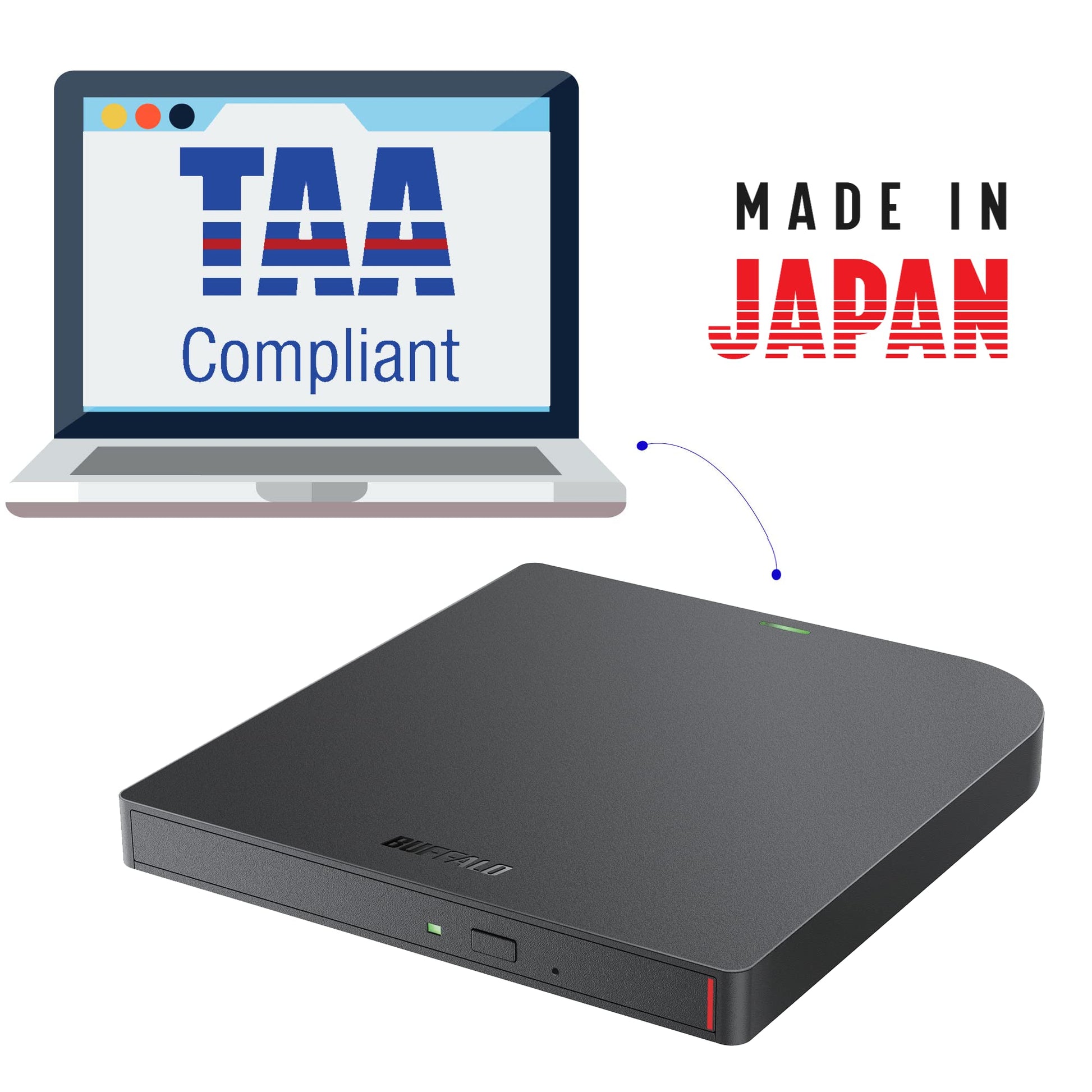BUFFALO 6X Portable Blu-ray Drive, TAA-Compliant, Read/Write, Plays and Burns BD/DVD/CD, USB 3.2 (Gen 1) Type-A/Type-C, Compatib