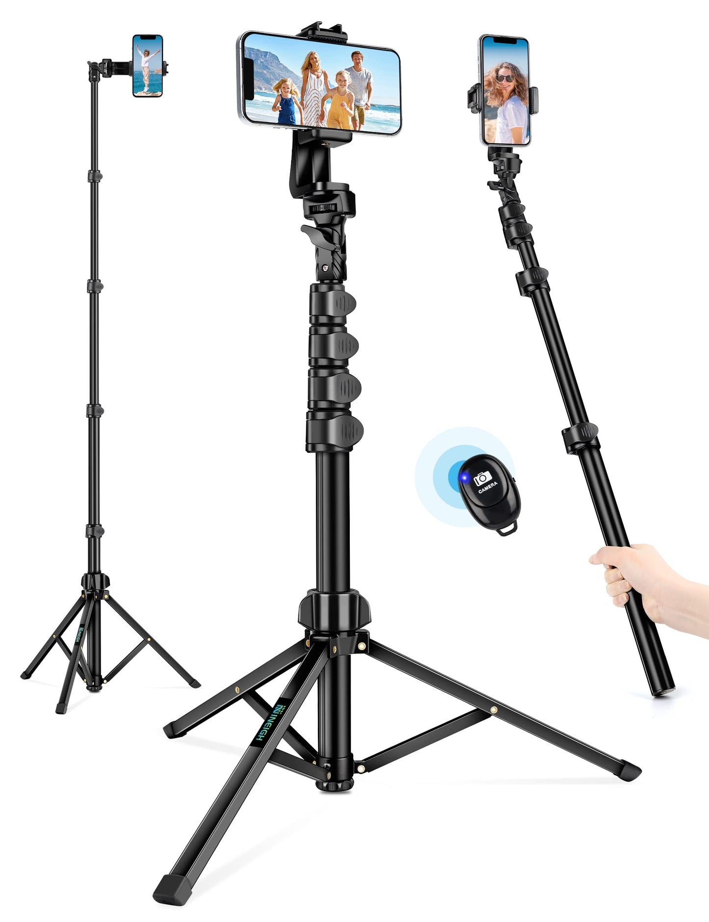 Nineigh 71" Aluminum Tripod for iPhone & Android, Black, Model S180, with Remote for Video and Selfies
