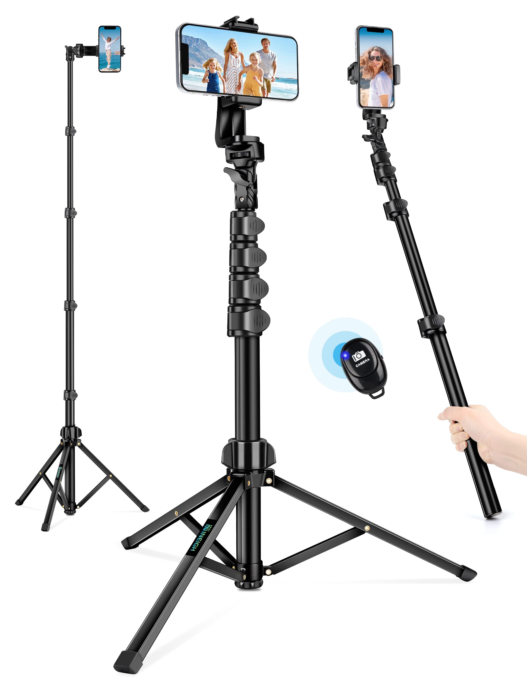 Nineigh 71" Aluminum Tripod for iPhone & Android, Black, Model S180, with Remote for Video and Selfies