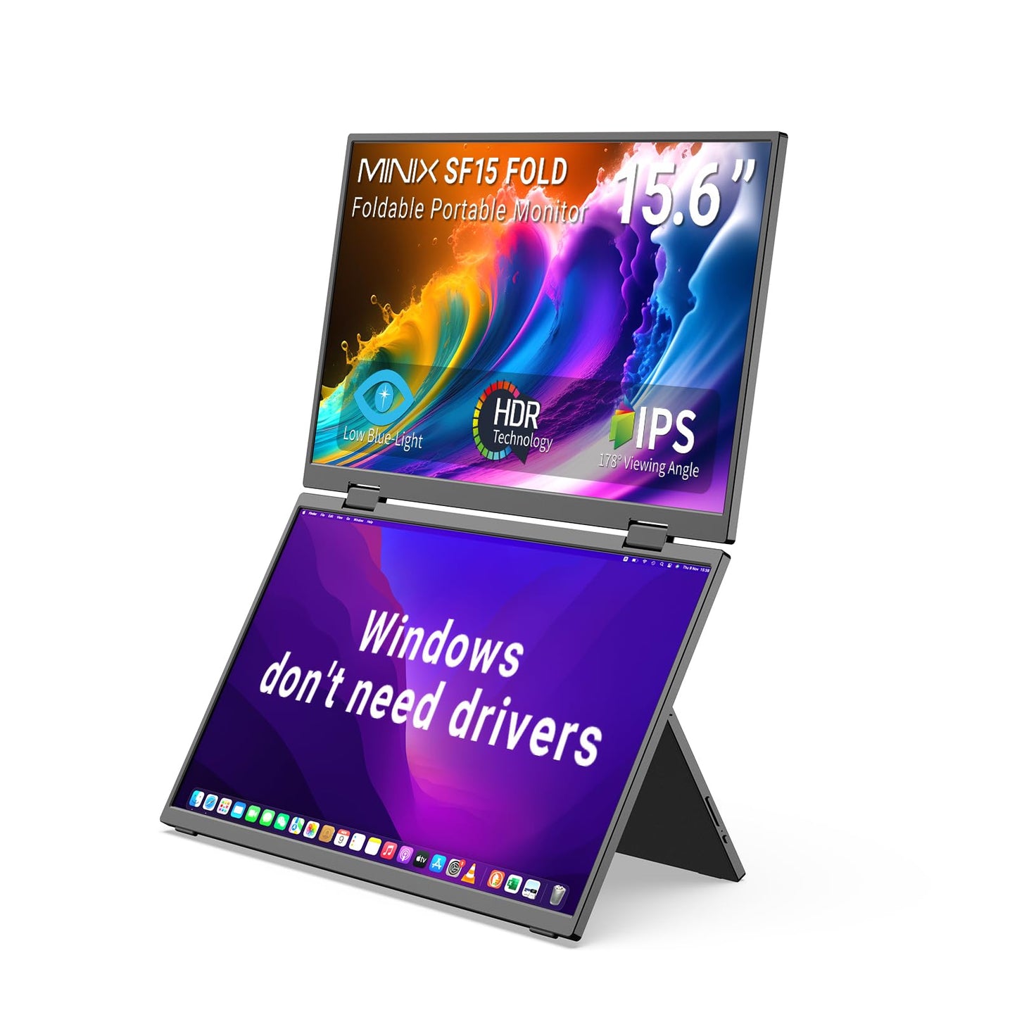 MINIX SF15 FOLD Dual 15.6 Foldable Portable Monitor, 1080P FHD, 300 nits, 100W PD, Low Blue Light, Recyclable Metal, Type-C & HD